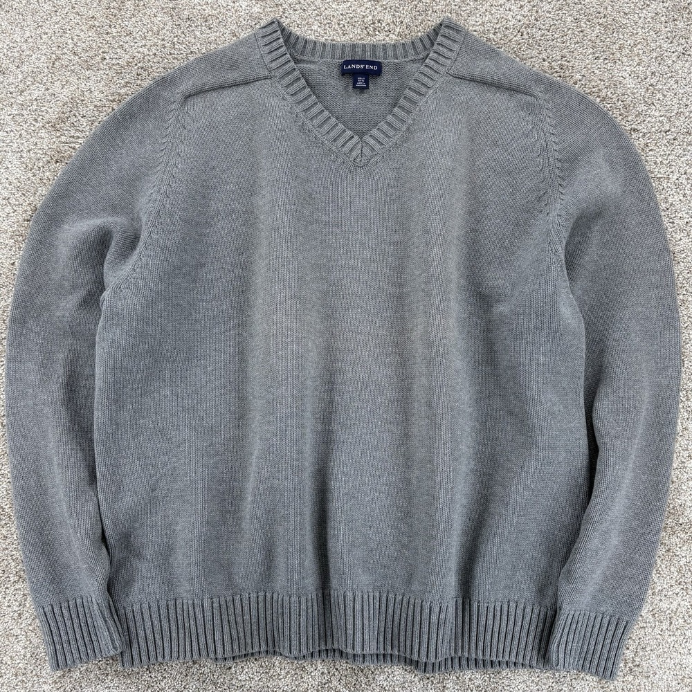 Lands' End Heavyweight Knitted Cotton V-Neck Sweater Mens 2XL/T Gray Ribbed Trim